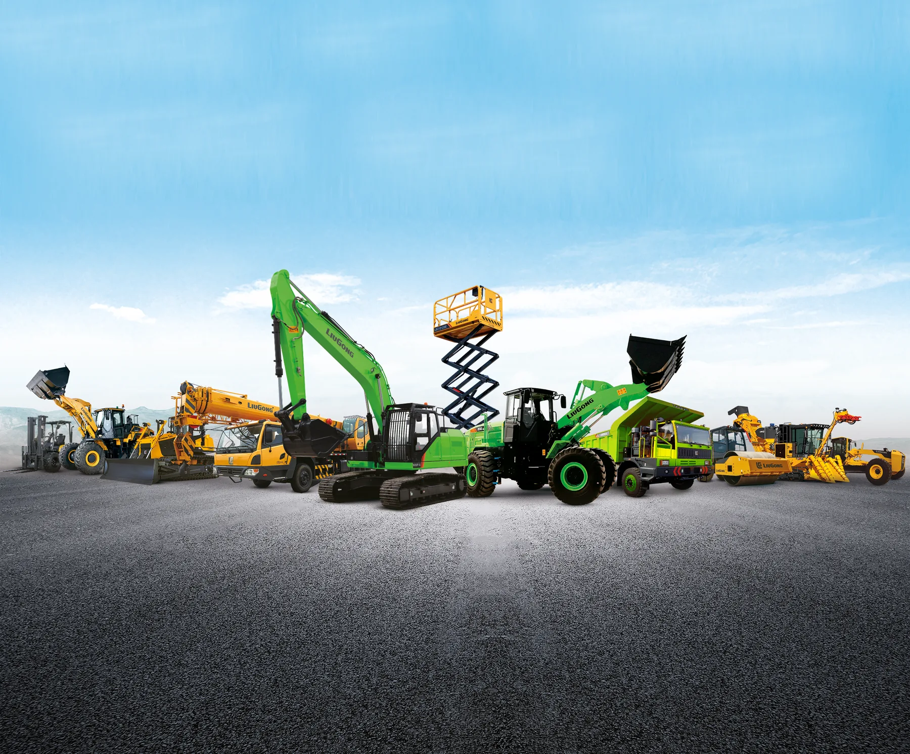 Linha de equipamentos LiuGong reunida: carregadeiras, escavadeira, retroescavadeira, rolo compactador, guindaste, plataforma elevatória, empilhadeira e caminhão.